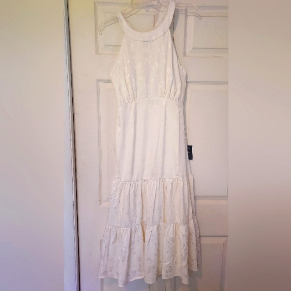 Lulus Ivory Midi Dress M High Neck  Ruffle Tier Skirt Sleeveless Coquette Fairy